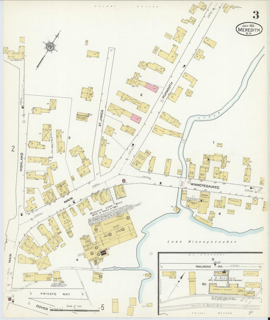 Sanborn Fire Insurance Map from Meredith, Belknap County, New Hampshire (1912), Sheet #0003 - Historic Sanborn Fire Insurance Map Print, vintage old map wall art, antique decor, genealogy gift, New Hampshire New Hampshire map
