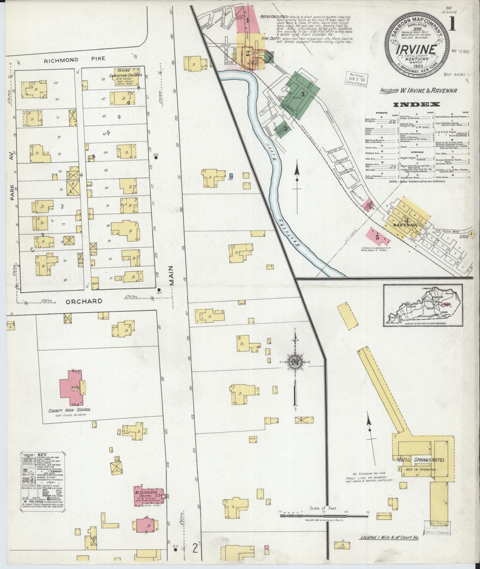 Sanborn Fire Insurance Map from Irvine, Estill County, Kentucky (1920), Sheet #0001 - Historic Sanborn Fire Insurance Map Print, vintage old map wall art, antique decor, genealogy gift, Kentucky Kentucky map