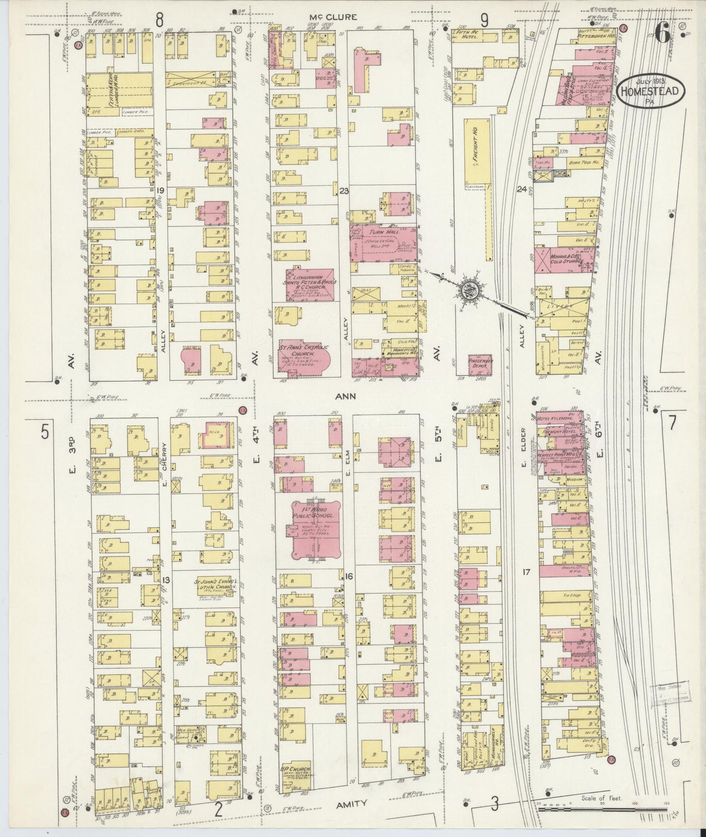 Sanborn Fire Insurance Map from Homestead, Allegheny County, Pennsylvania (1913), Sheet #0006 - Historic Sanborn Fire Insurance Map Print, vintage old map wall art, antique decor, genealogy gift, Pennsylvania Pennsylvania map
