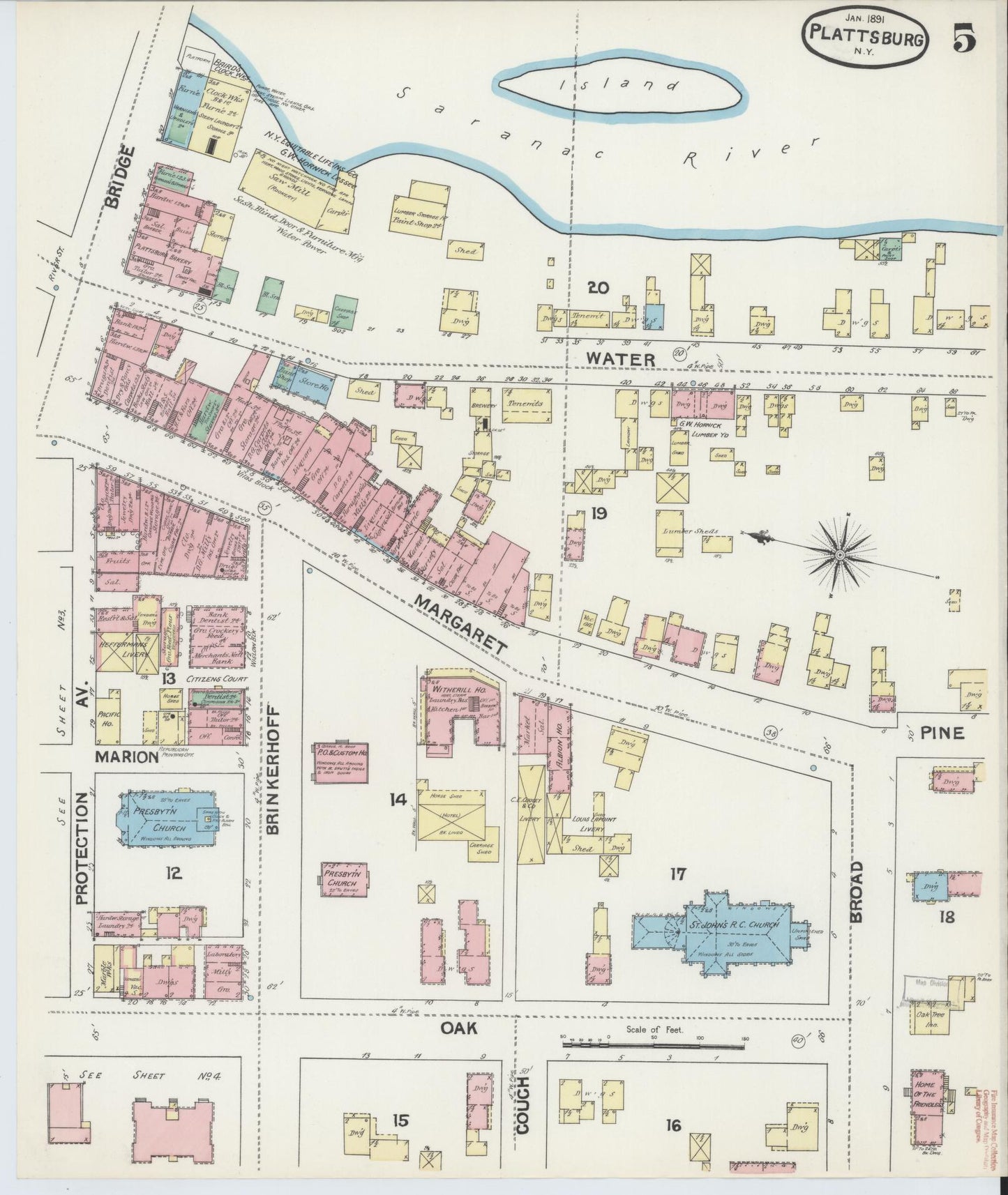 Sanborn Fire Insurance Map from Plattsburg, Clinton County, New York (1891), Sheet #0005 - Historic Sanborn Fire Insurance Map Print, vintage old map wall art, antique decor, genealogy gift, New York New York map