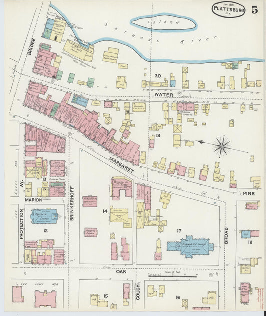 Sanborn Fire Insurance Map from Plattsburg, Clinton County, New York (1891), Sheet #0005 - Historic Sanborn Fire Insurance Map Print, vintage old map wall art, antique decor, genealogy gift, New York New York map