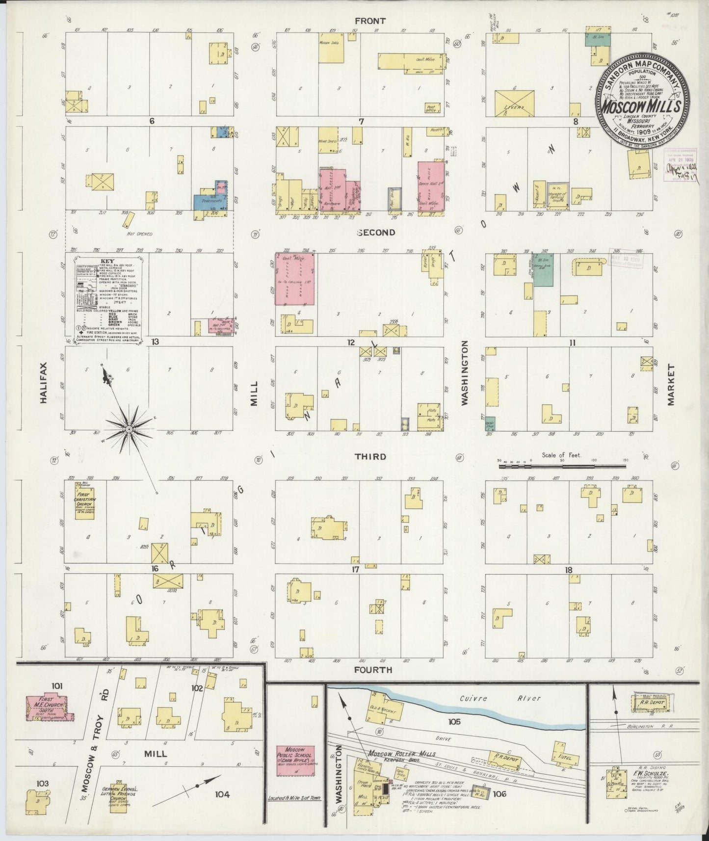 Sanborn Fire Insurance Map from Moscow Mills, Lincoln County, Missouri (1909), Sheet #0001 - Historic Sanborn Fire Insurance Map Print, vintage old map wall art, antique decor, genealogy gift, Missouri Missouri map