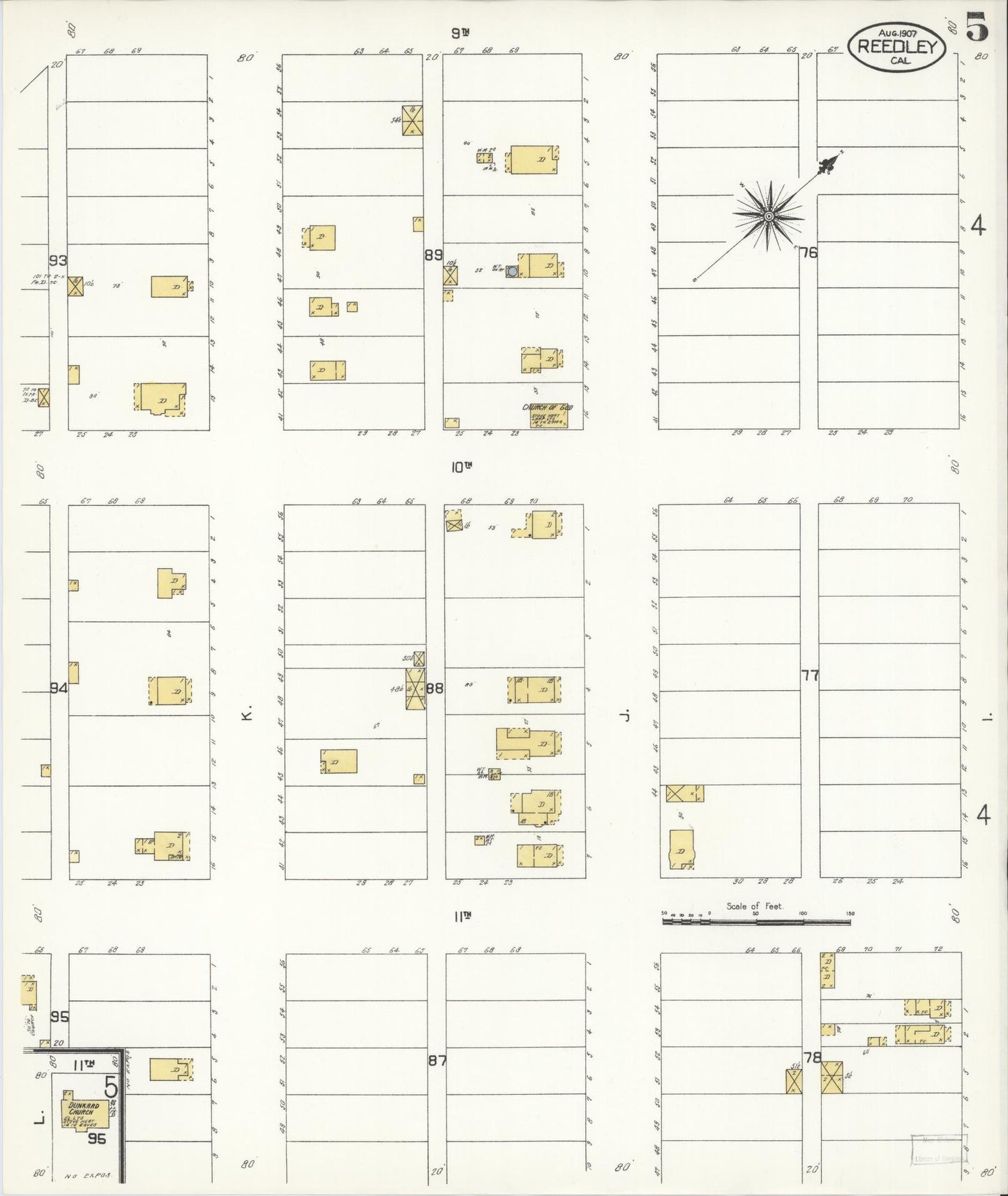 Sanborn Fire Insurance Map from Reedley, Fresno County, California (1907), Sheet #0005 - Complete Map Set gallery image, historic Sanborn map, vintage wall art, California California