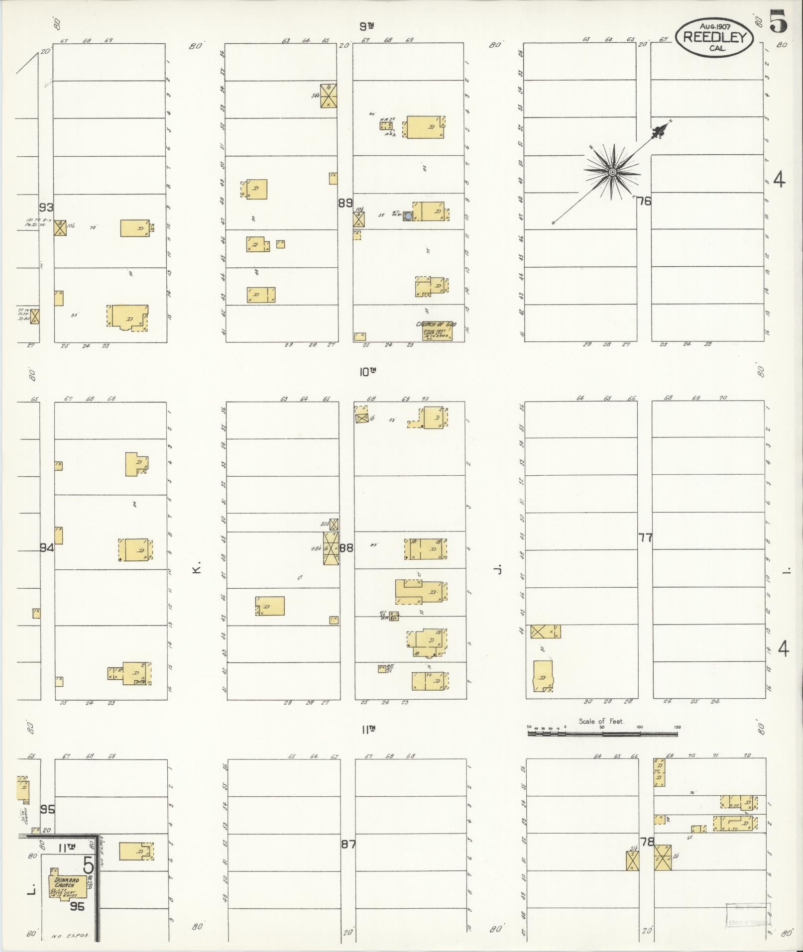 Sanborn Fire Insurance Map from Reedley, Fresno County, California (1907), Sheet #0005 - Complete Map Set gallery image, historic Sanborn map, vintage wall art, California California