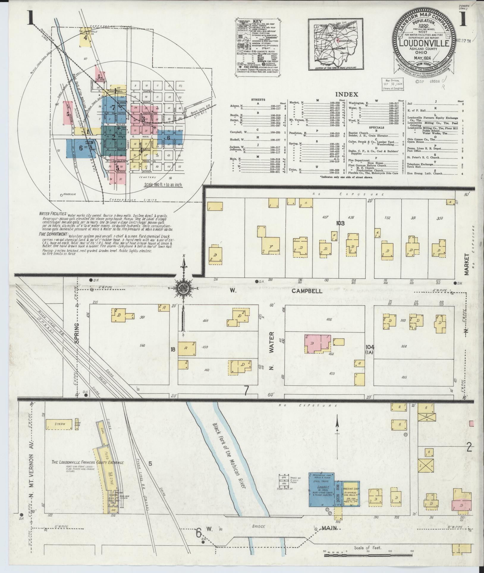 Sanborn Fire Insurance Map from Loudonville, Ashland County, Ohio (1924), Sheet #0001 - Historic Sanborn Fire Insurance Map Print, vintage old map wall art, antique decor, genealogy gift, Ohio Ohio map
