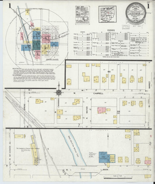 Sanborn Fire Insurance Map from Loudonville, Ashland County, Ohio (1924), Sheet #0001 - Historic Sanborn Fire Insurance Map Print, vintage old map wall art, antique decor, genealogy gift, Ohio Ohio map