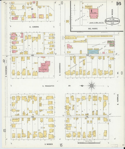 Sanborn Fire Insurance Map from Colorado Springs, El Paso County, Colorado (1900), Sheet #0016 - Historic Sanborn Fire Insurance Map Print, vintage old map wall art, antique decor, genealogy gift, Colorado Colorado map