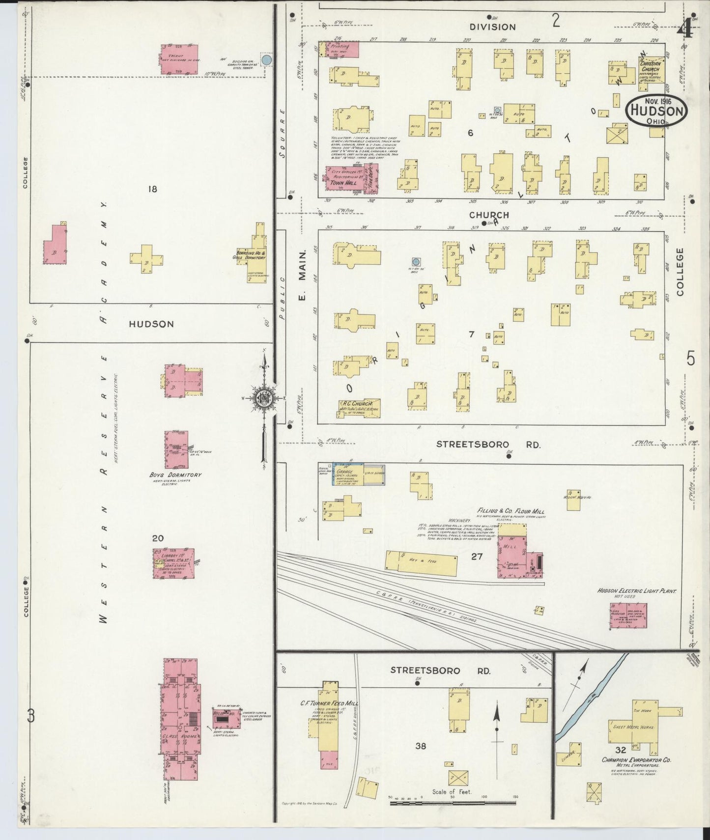 Sanborn Fire Insurance Map from Hudson, Summit County, Ohio (1916), Sheet #0004 - Complete Map Set gallery image, historic Sanborn map, vintage wall art, Ohio Ohio