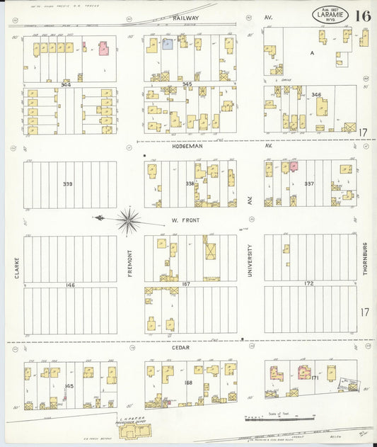 Sanborn Fire Insurance Map from Laramie, Albany County, Wyoming (1907), Sheet #0016 - Historic Sanborn Fire Insurance Map Print, vintage old map wall art, antique decor, genealogy gift, Wyoming Wyoming map