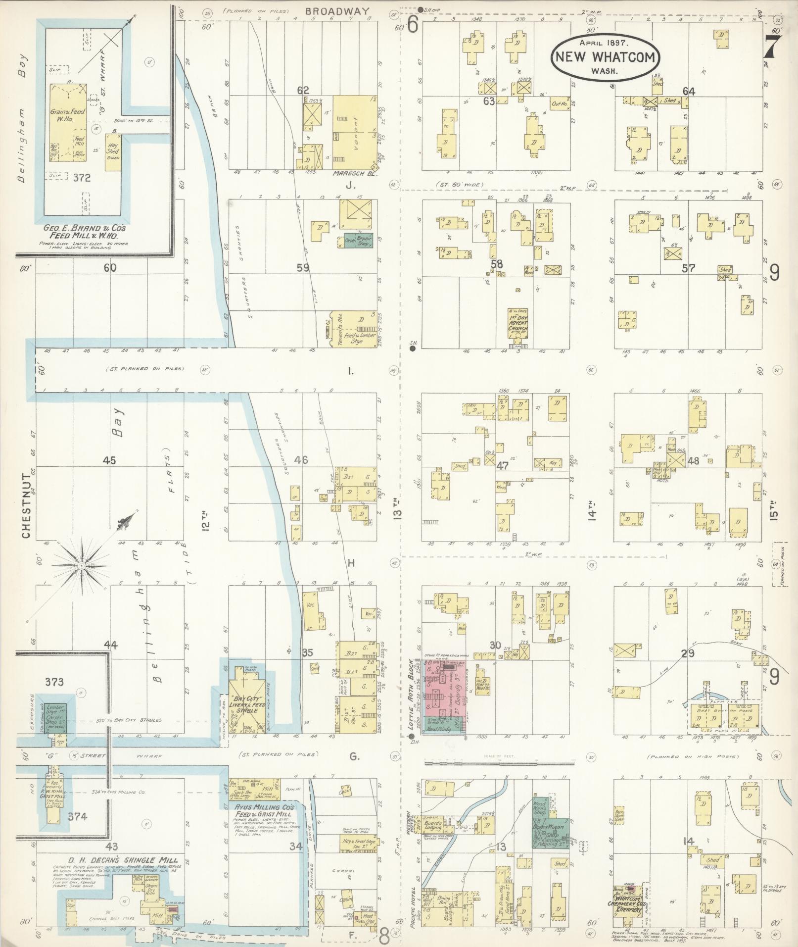 Sanborn Fire Insurance Map from New Whatcom, Whatcom County, Washington (1897), Sheet #0007 - Historic Sanborn Fire Insurance Map Print, vintage old map wall art, antique decor, genealogy gift, Washington Washington map