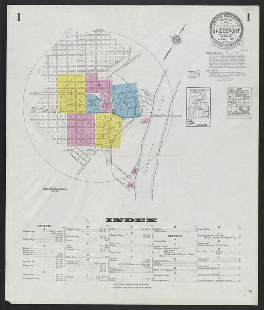 Sanborn Fire Insurance Map from Bridgeport, Jackson County, Alabama (1927), Sheet #0001 - Historic Sanborn Fire Insurance Map Print, vintage old map wall art, antique decor, genealogy gift, Alabama Alabama map