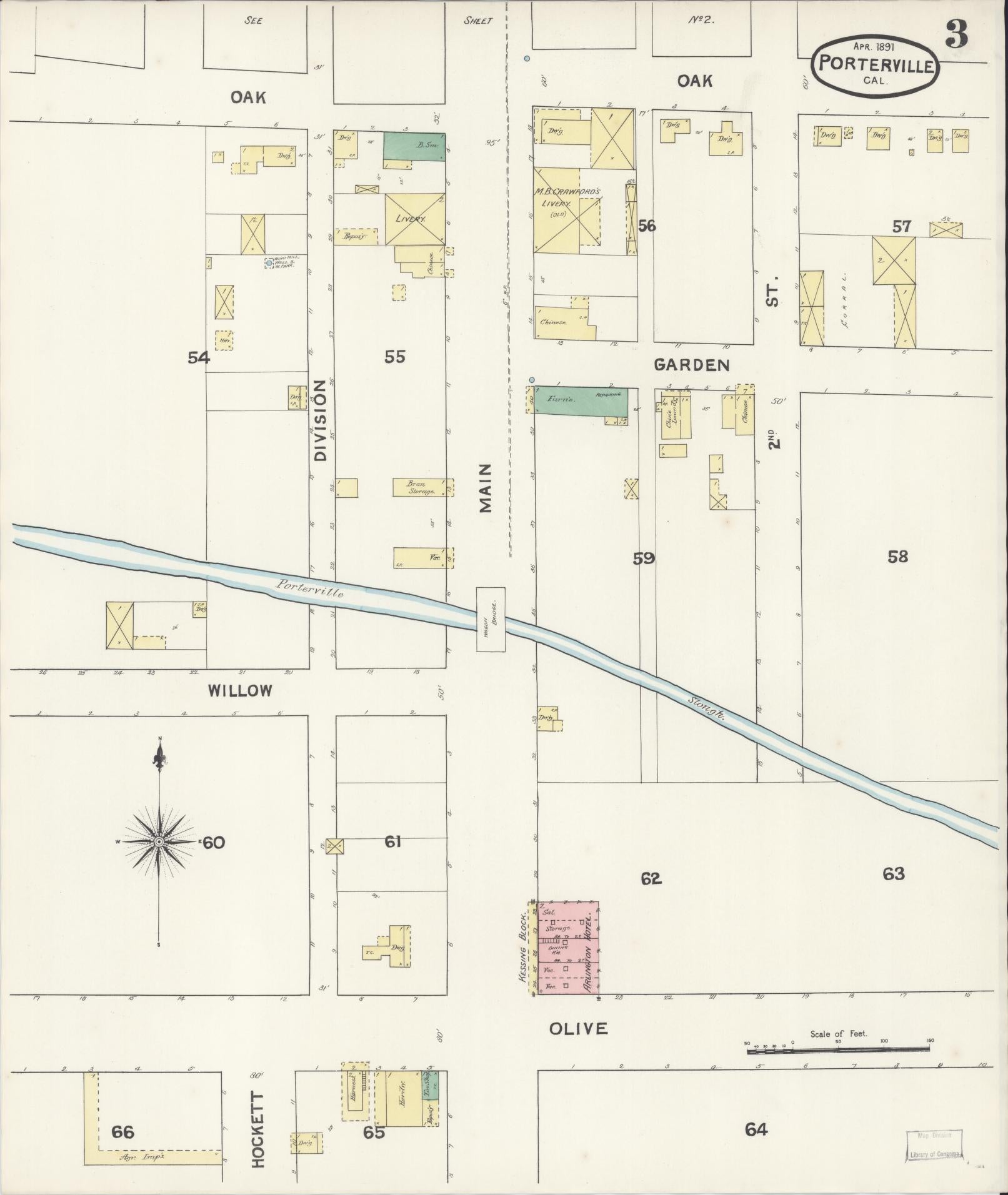 Sanborn Fire Insurance Map from Porterville, Tulare County, California (1891), Sheet #0003 - Complete Map Set gallery image, historic Sanborn map, vintage wall art, California California