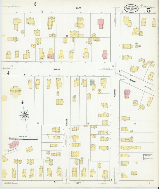 Sanborn Fire Insurance Map from Potsdam, St. Lawrence County, New York (1909), Sheet #0005 - Historic Sanborn Fire Insurance Map Print, vintage old map wall art, antique decor, genealogy gift, New York New York map