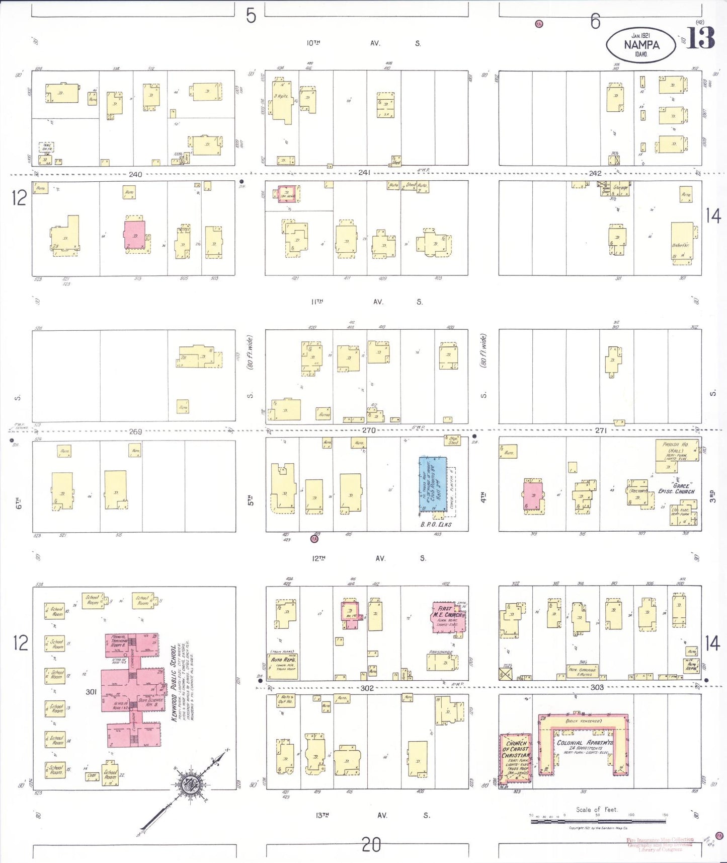 Sanborn Fire Insurance Map from Nampa, Canyon County, Idaho (1921), Sheet #0013 - Historic Sanborn Fire Insurance Map Print, vintage old map wall art, antique decor, genealogy gift, Idaho Idaho map