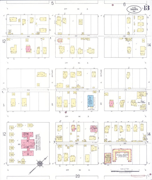 Sanborn Fire Insurance Map from Nampa, Canyon County, Idaho (1921), Sheet #0013 - Historic Sanborn Fire Insurance Map Print, vintage old map wall art, antique decor, genealogy gift, Idaho Idaho map