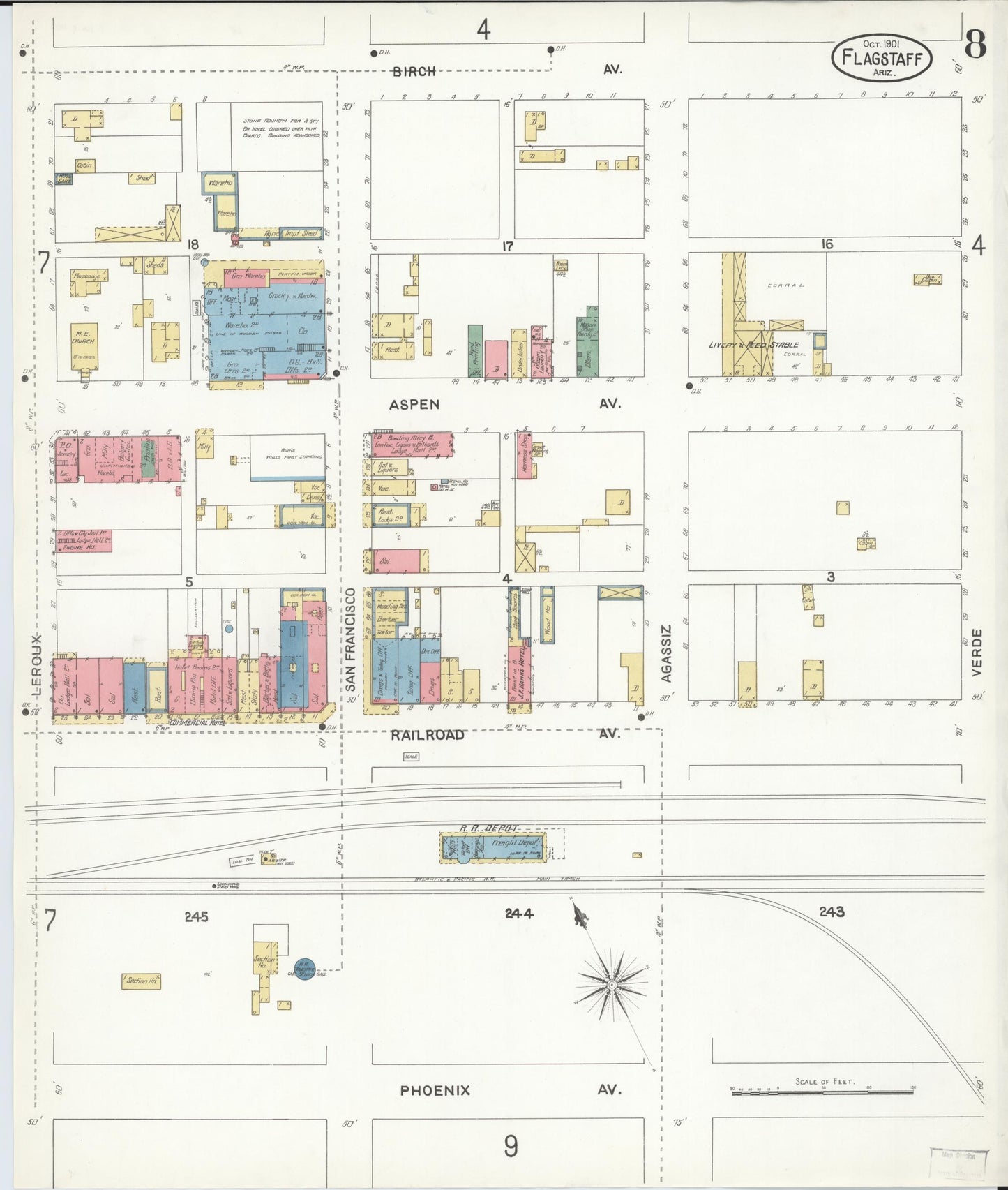 Sanborn Fire Insurance Map from Flagstaff, Coconino County, Arizona (1901), Sheet #0008 - Complete Map Set gallery image, historic Sanborn map, vintage wall art, Arizona Arizona