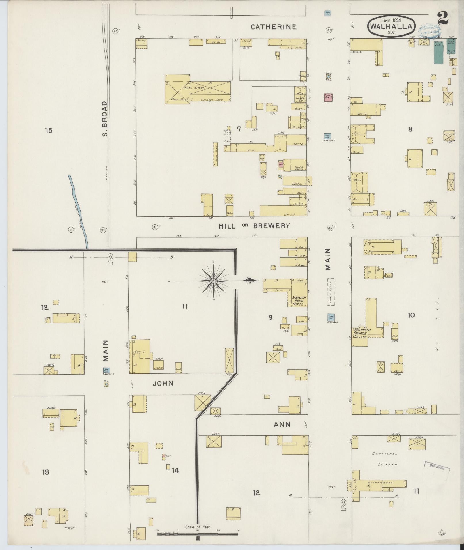 Sanborn Fire Insurance Map from Walhalla, Oconee County, South Carolina (1894), Sheet #0002 - Historic Sanborn Fire Insurance Map Print, vintage old map wall art, antique decor, genealogy gift, South Carolina South Carolina map