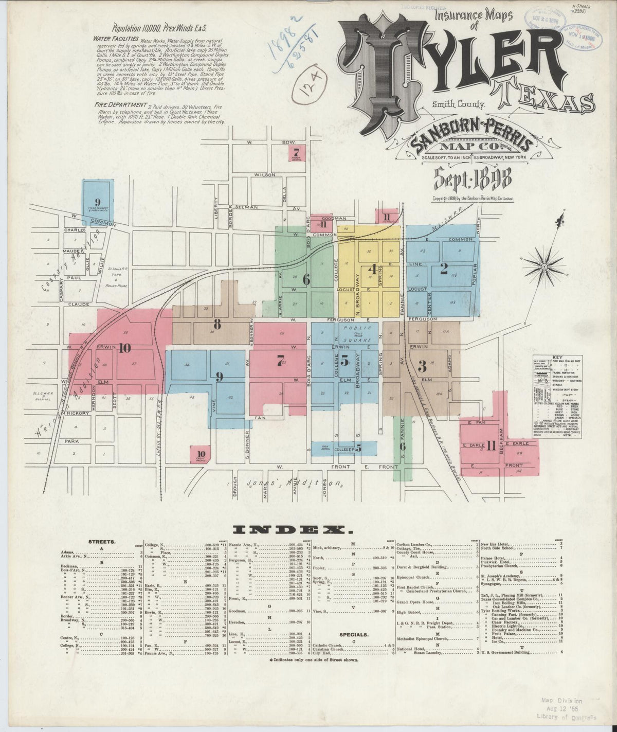 Sanborn Fire Insurance Map from Tyler, Smith County, Texas (1898), Sheet #0001 - Historic Sanborn Fire Insurance Map Print, vintage old map wall art, antique decor, genealogy gift, Texas Texas map