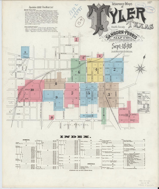 Sanborn Fire Insurance Map from Tyler, Smith County, Texas (1898), Sheet #0001 - Historic Sanborn Fire Insurance Map Print, vintage old map wall art, antique decor, genealogy gift, Texas Texas map