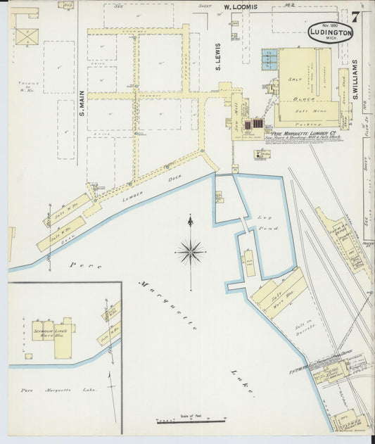 Sanborn Fire Insurance Map from Ludington, Mason County, Michigan (1890), Sheet #0007 - Historic Sanborn Fire Insurance Map Print, vintage old map wall art, antique decor, genealogy gift, Michigan Michigan map
