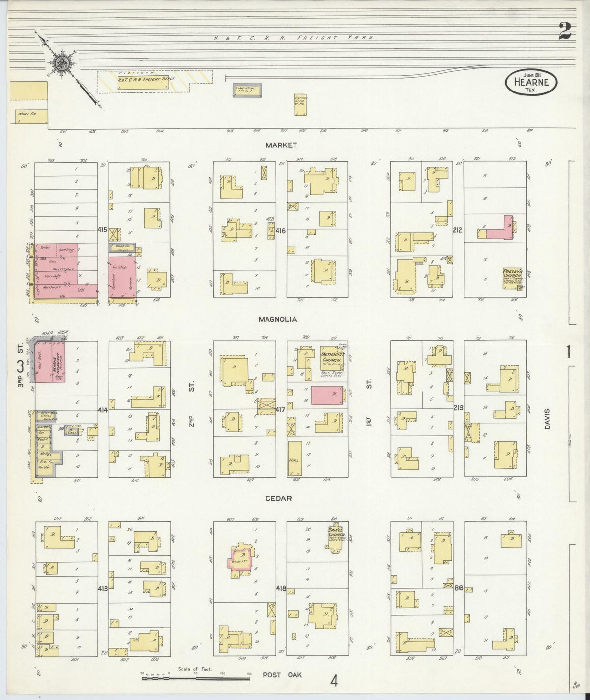Sanborn Fire Insurance Map from Hearne, Robertson County, Texas (1911), Sheet #0002 - Historic Sanborn Fire Insurance Map Print, vintage old map wall art, antique decor, genealogy gift, Texas Texas map