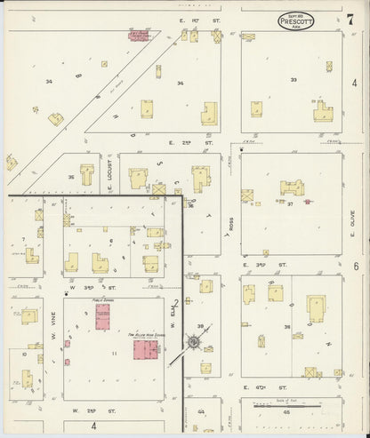 Sanborn Fire Insurance Map from Prescott, Nevada County, Arkansas (1913), Sheet #0007 - Complete Map Set gallery image, historic Sanborn map, vintage wall art, Arkansas Arkansas