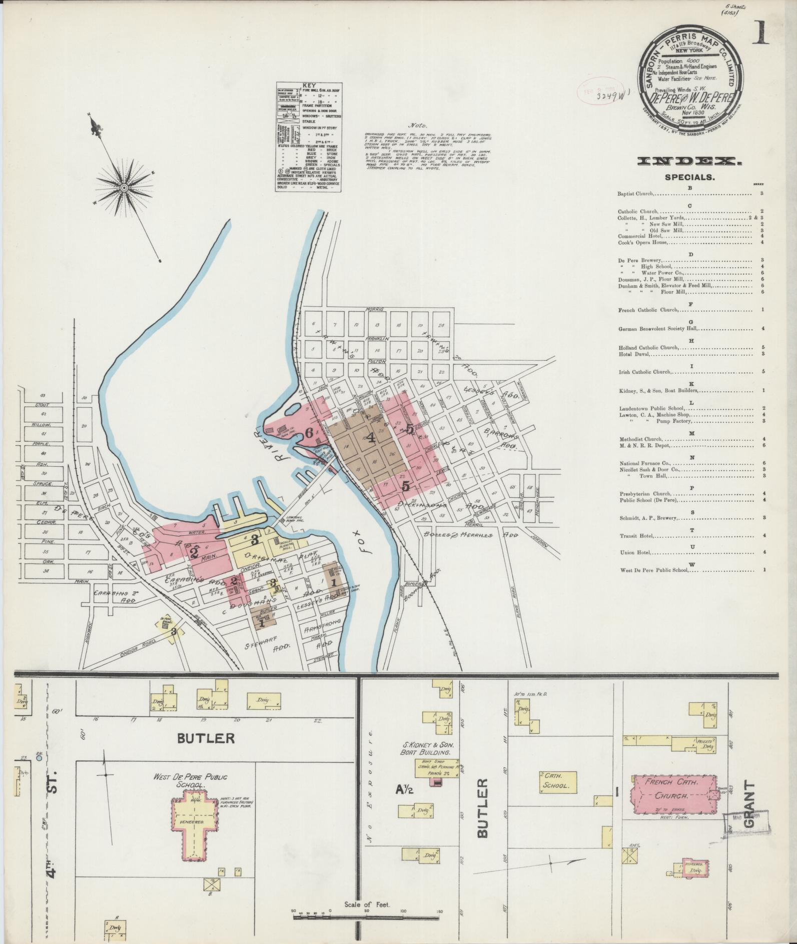 Sanborn Fire Insurance Map from De Pere, Brown County, Wisconsin (1890), Sheet #0001 - Historic Sanborn Fire Insurance Map Print, vintage old map wall art, antique decor, genealogy gift, Wisconsin Wisconsin map