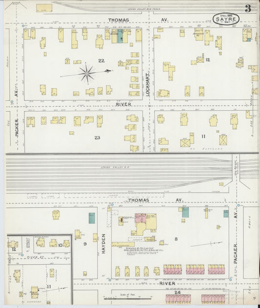 Sanborn Fire Insurance Map from Sayre, Bradford County, Pennsylvania (1892), Sheet #0003 - Historic Sanborn Fire Insurance Map Print, vintage old map wall art, antique decor, genealogy gift, Pennsylvania Pennsylvania map