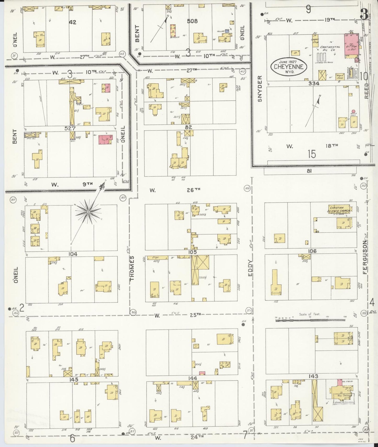 Sanborn Fire Insurance Map from Cheyenne, Laramie County, Wyoming (1907), Sheet #0003 - Complete Map Set gallery image, historic Sanborn map, vintage wall art, Wyoming Wyoming