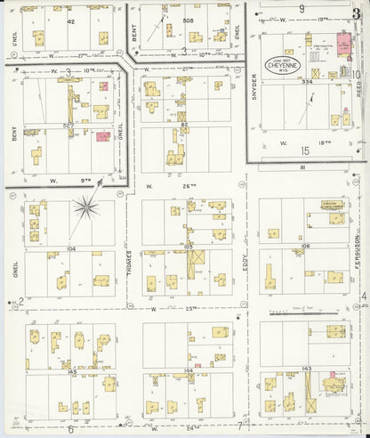 Sanborn Fire Insurance Map from Cheyenne, Laramie County, Wyoming (1907), Sheet #0003 - Complete Map Set gallery image, historic Sanborn map, vintage wall art, Wyoming Wyoming