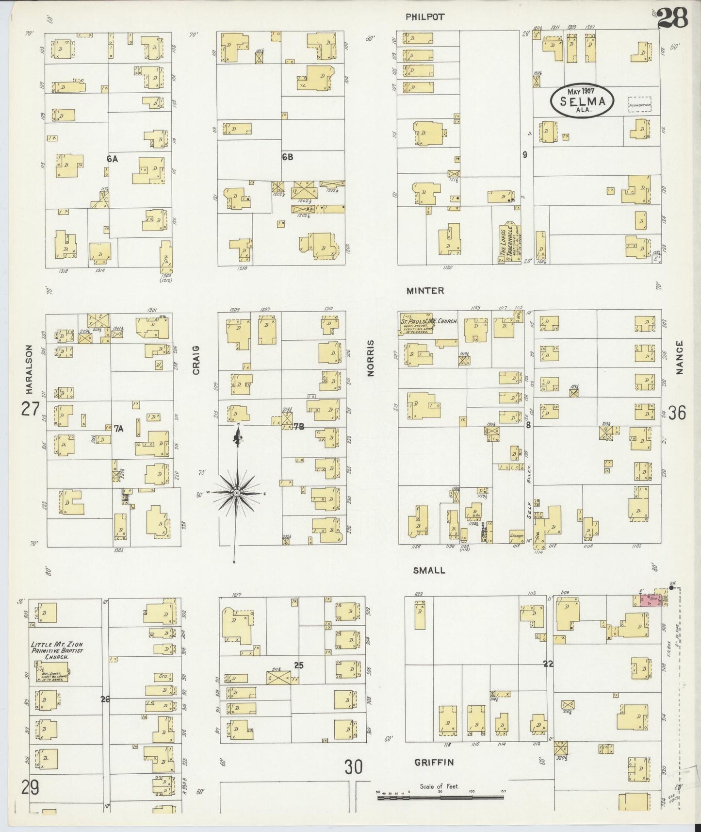 Sanborn Fire Insurance Map from Selma, Dallas County, Alabama (1907), Sheet #0028 - Complete Map Set gallery image, historic Sanborn map, vintage wall art, Alabama Alabama