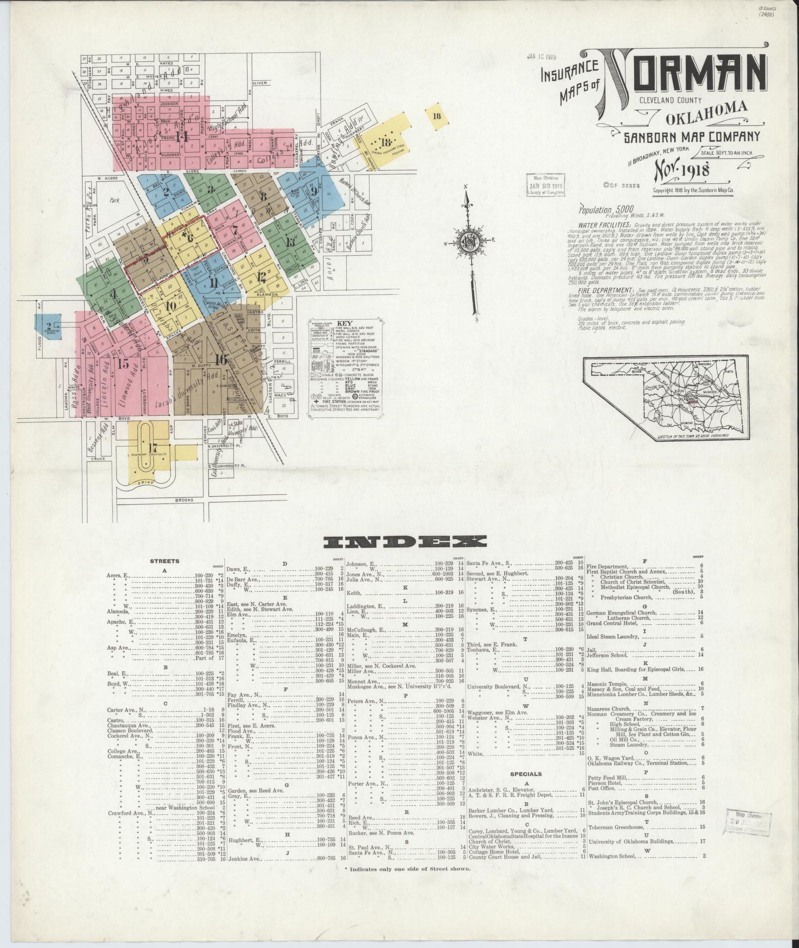 Sanborn Fire Insurance Map from Norman, Cleveland County, Oklahoma (1918), Sheet #0001 - Complete Map Set gallery image, historic Sanborn map, vintage wall art, Oklahoma Oklahoma