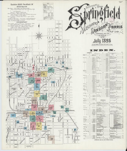 Sanborn Fire Insurance Map from Springfield, Greene County, Missouri (1896), Sheet #0001 - Historic Sanborn Fire Insurance Map Print, vintage old map wall art, antique decor, genealogy gift, Missouri Missouri map