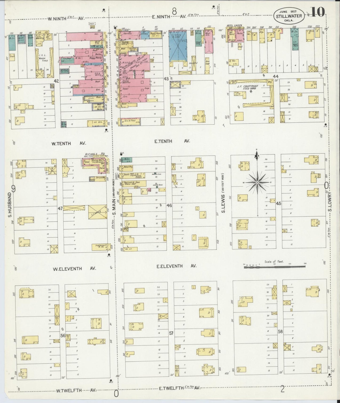 Sanborn Fire Insurance Map from Stillwater, Payne County, Oklahoma (1907), Sheet #0010 - Historic Sanborn Fire Insurance Map Print, vintage old map wall art, antique decor, genealogy gift, Oklahoma Oklahoma map