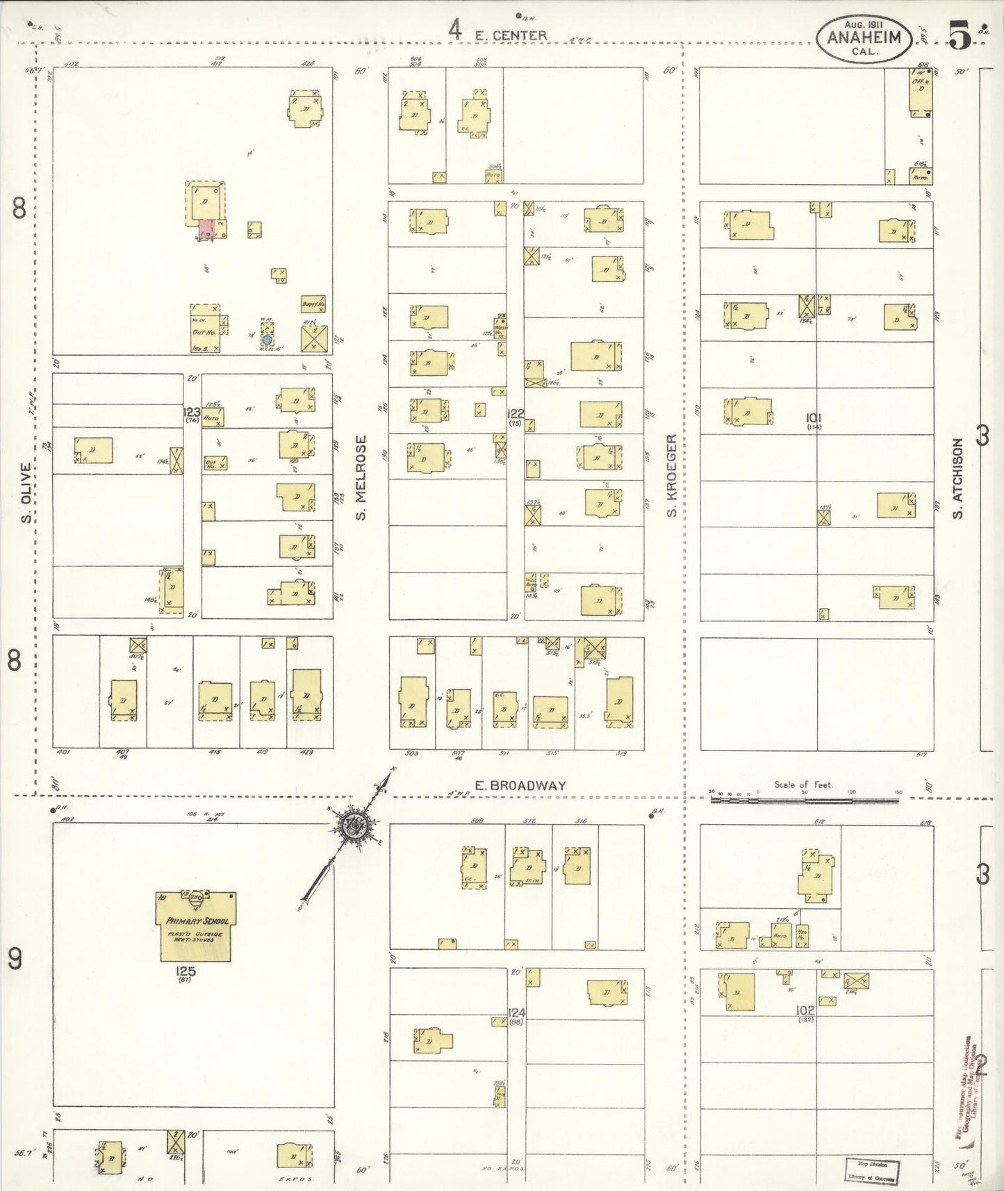 Sanborn Fire Insurance Map from Anaheim, Orange County, California (1911), Sheet #0005 - Historic Sanborn Fire Insurance Map Print, vintage old map wall art, antique decor, genealogy gift, California California map