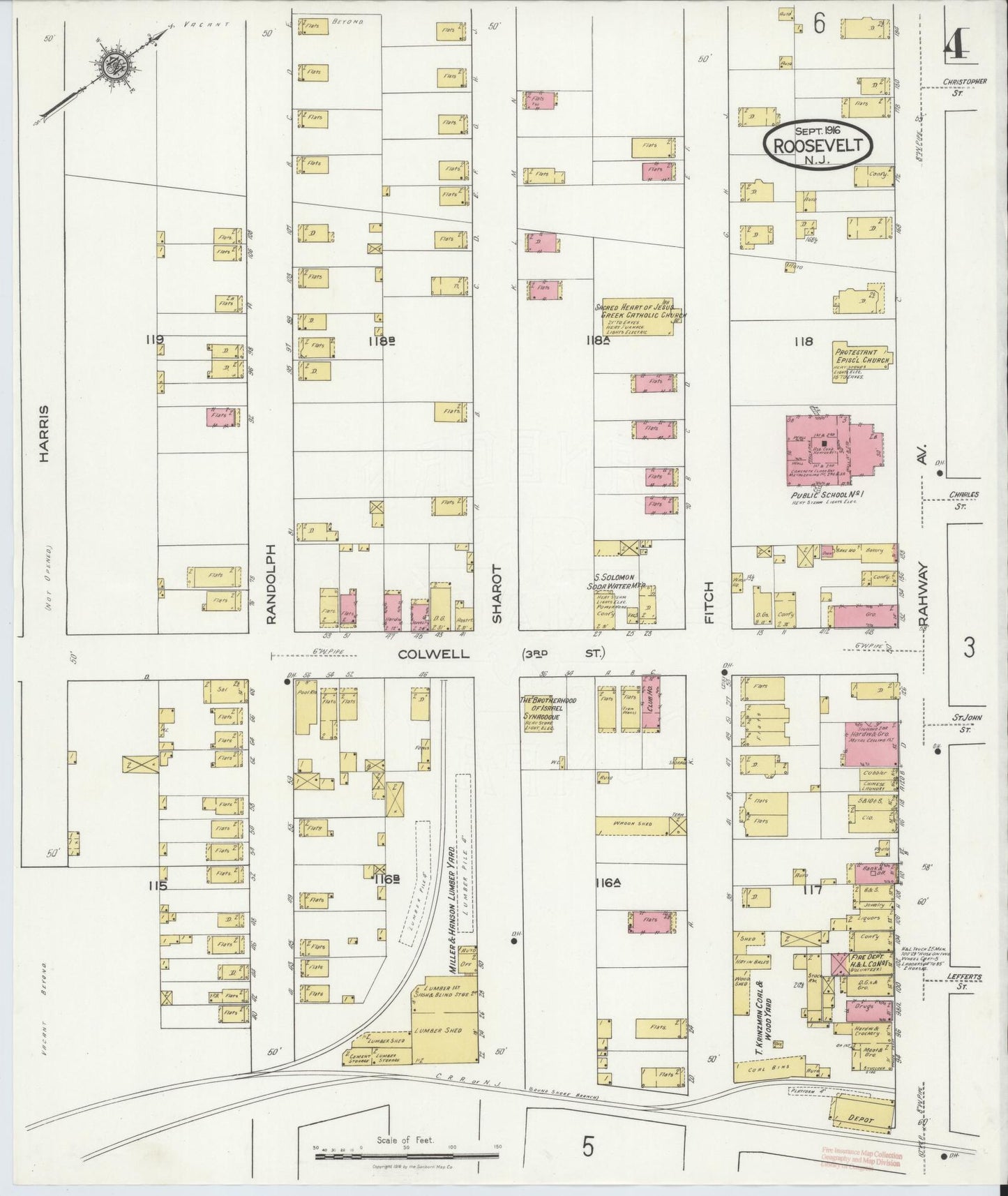 Sanborn Fire Insurance Map from Roosevelt, Middlesex County, New Jersey (1916), Sheet #0004 - Historic Sanborn Fire Insurance Map Print, vintage old map wall art, antique decor, genealogy gift, New Jersey New Jersey map