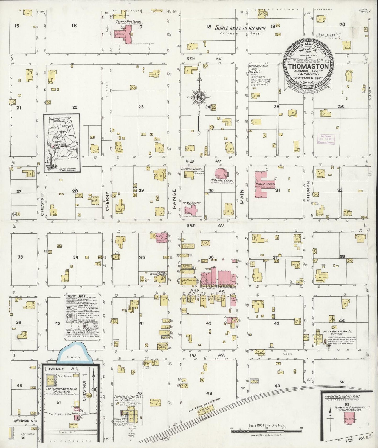 Sanborn Fire Insurance Map from Thomaston, Marengo County, Alabama (1925), Sheet #0001 - Complete Map Set gallery image, historic Sanborn map, vintage wall art, Alabama Alabama