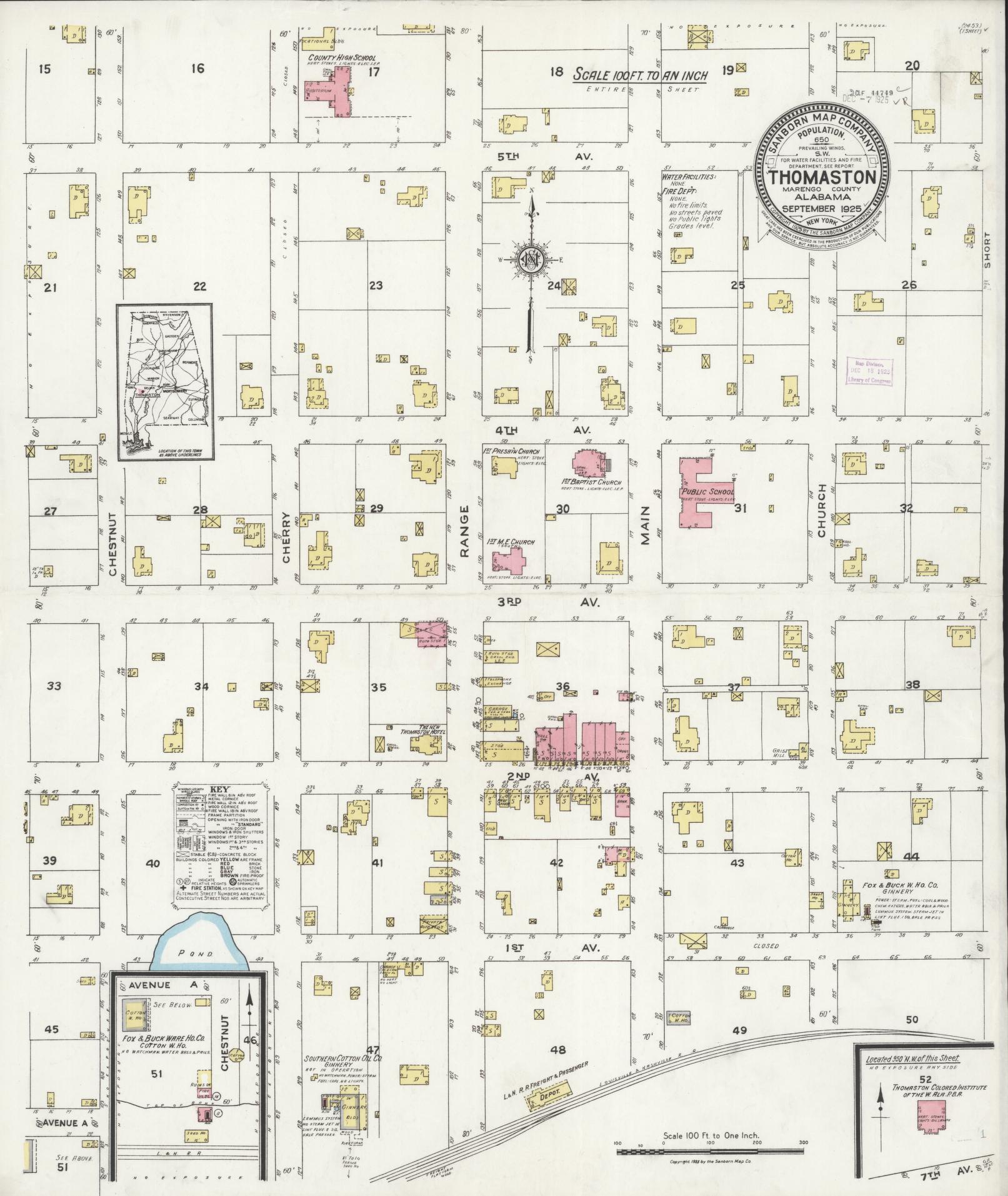 Sanborn Fire Insurance Map from Thomaston, Marengo County, Alabama (1925), Sheet #0001 - Complete Map Set gallery image, historic Sanborn map, vintage wall art, Alabama Alabama