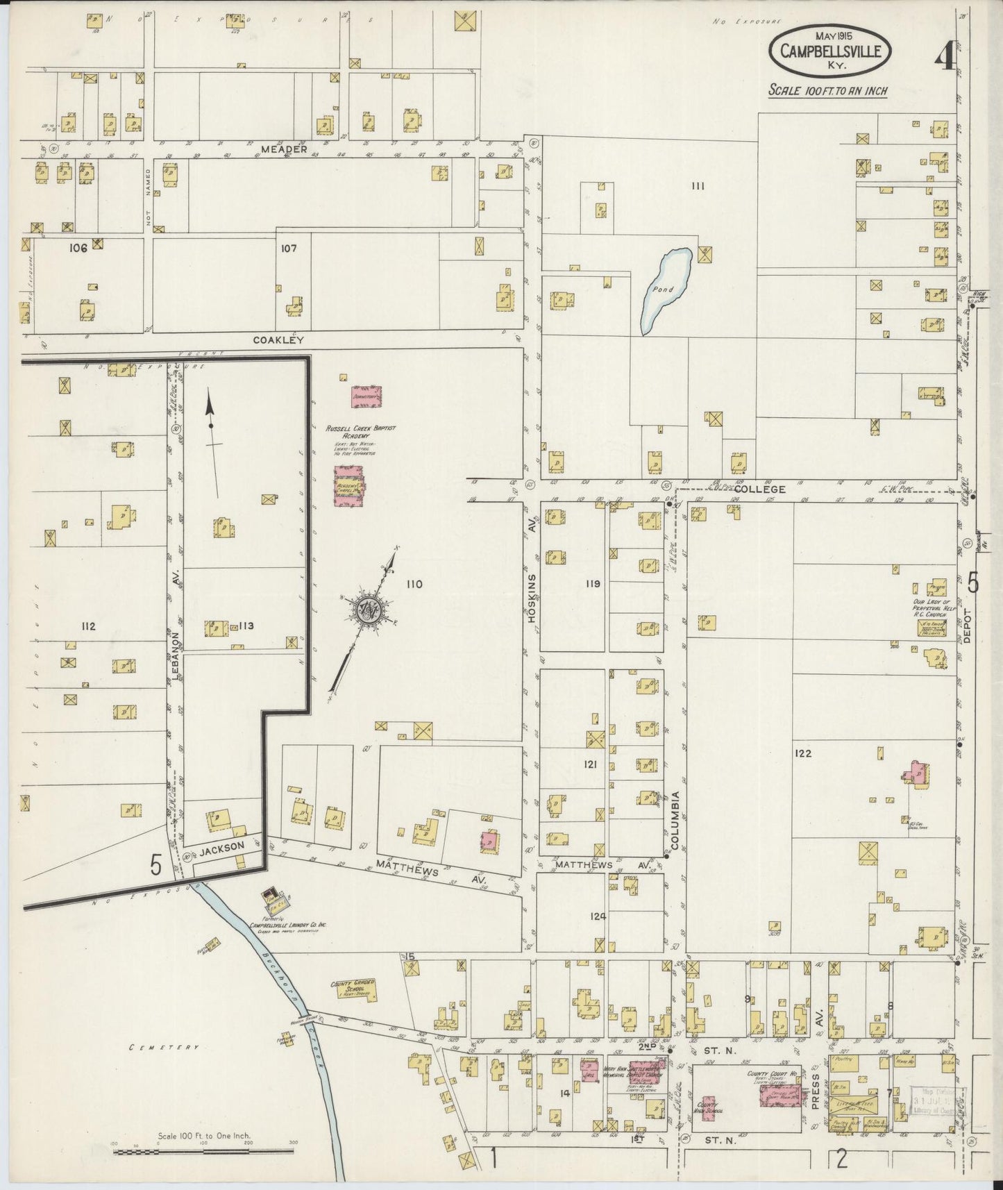 Sanborn Fire Insurance Map from Campbellsville, Taylor County, Kentucky (1915), Sheet #0004 - Complete Map Set gallery image, historic Sanborn map, vintage wall art, Kentucky Kentucky