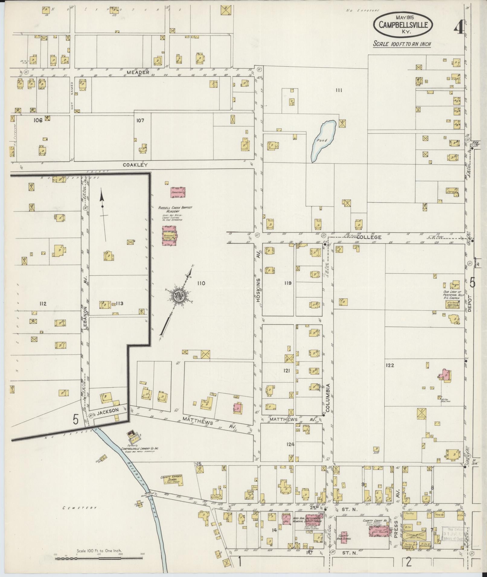Sanborn Fire Insurance Map from Campbellsville, Taylor County, Kentucky (1915), Sheet #0004 - Complete Map Set gallery image, historic Sanborn map, vintage wall art, Kentucky Kentucky