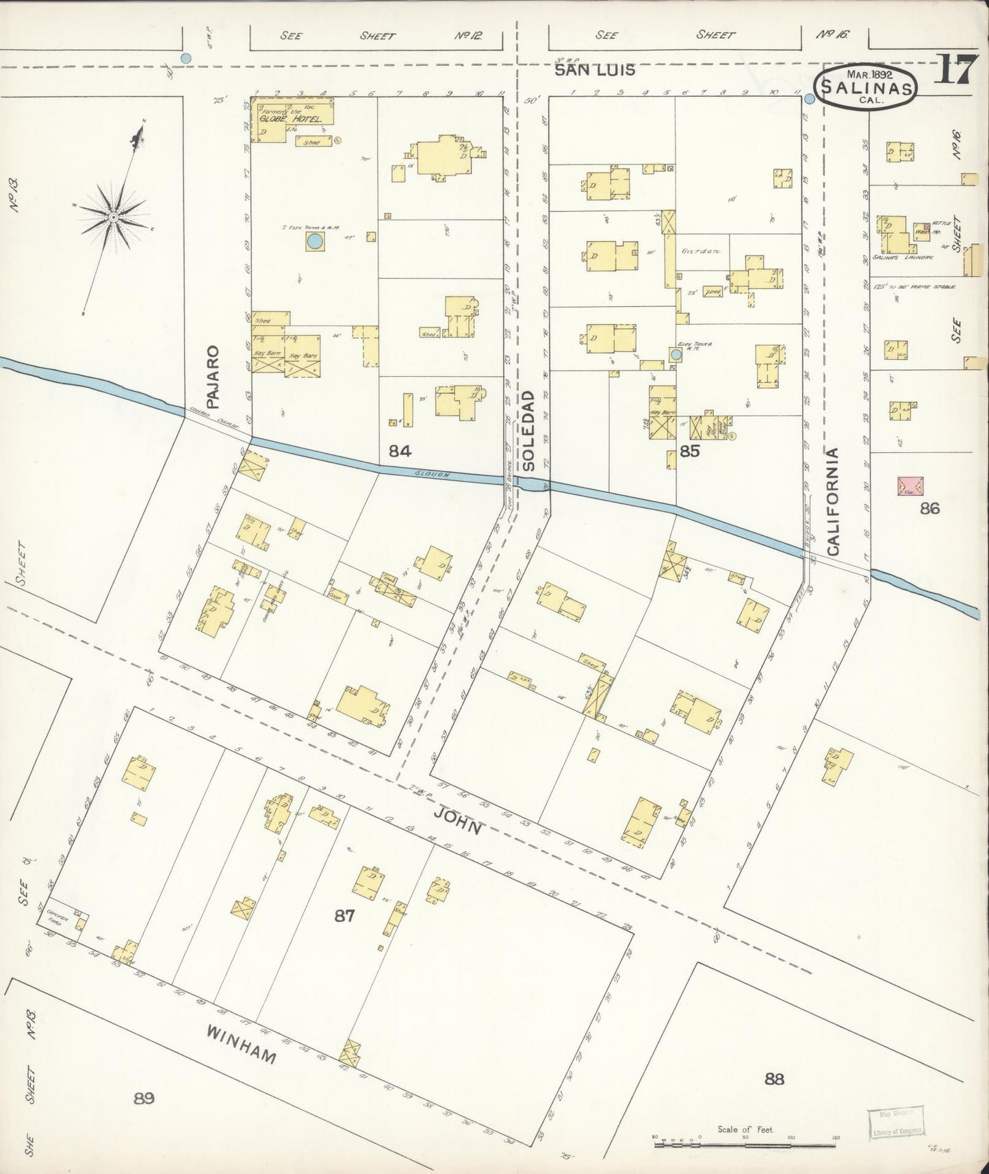Sanborn Fire Insurance Map from Salinas, Monterey County, California (1892), Sheet #0017 - Complete Map Set gallery image, historic Sanborn map, vintage wall art, California California