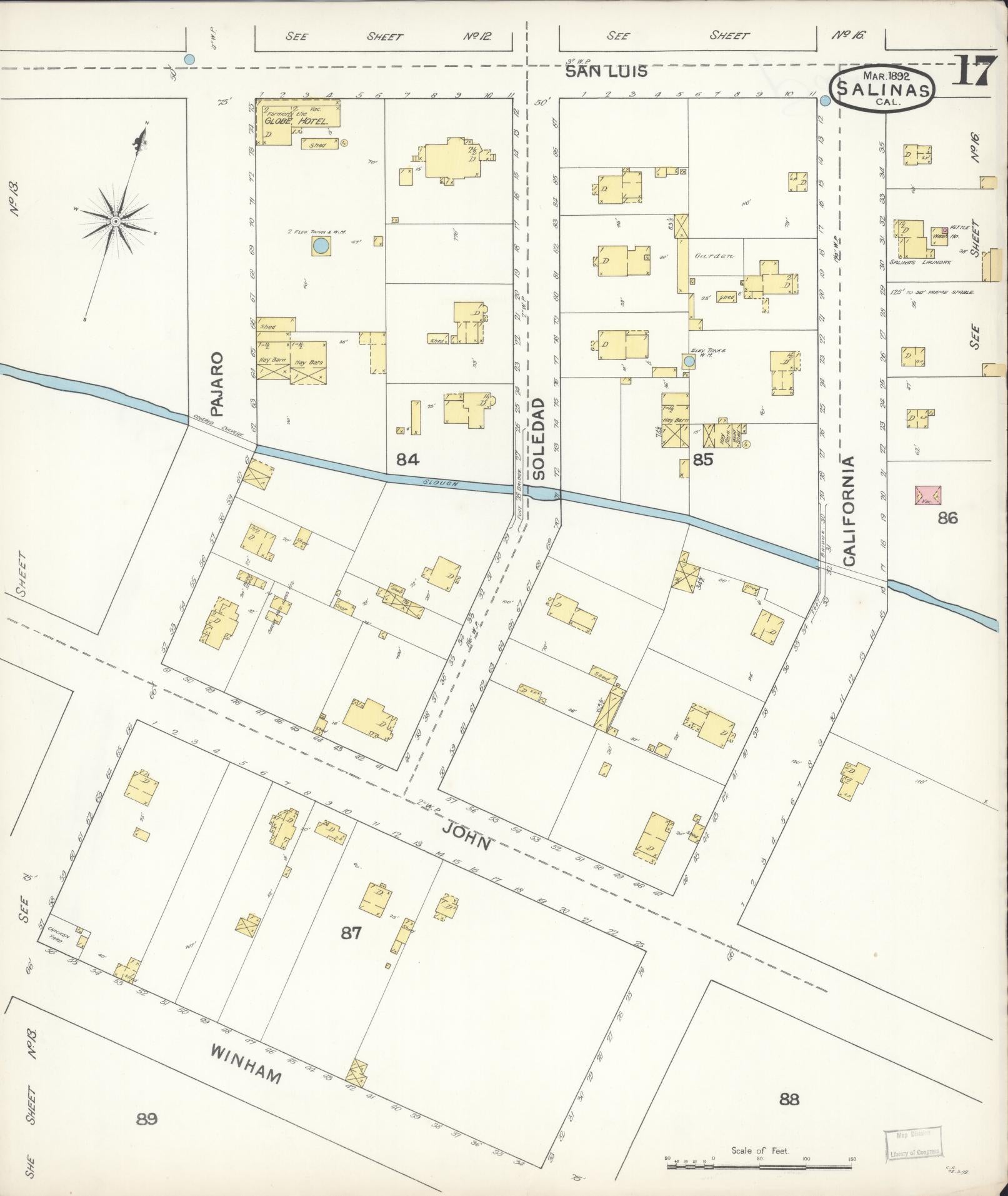 Sanborn Fire Insurance Map from Salinas, Monterey County, California (1892), Sheet #0017 - Complete Map Set gallery image, historic Sanborn map, vintage wall art, California California