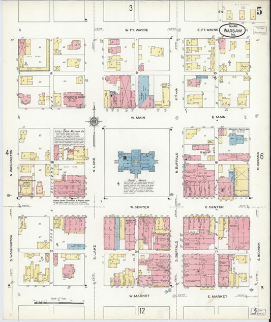 Sanborn Fire Insurance Map from Warsaw, Kosciusko County, Indiana (1910), Sheet #0005 - Historic Sanborn Fire Insurance Map Print, vintage old map wall art, antique decor, genealogy gift, Indiana Indiana map