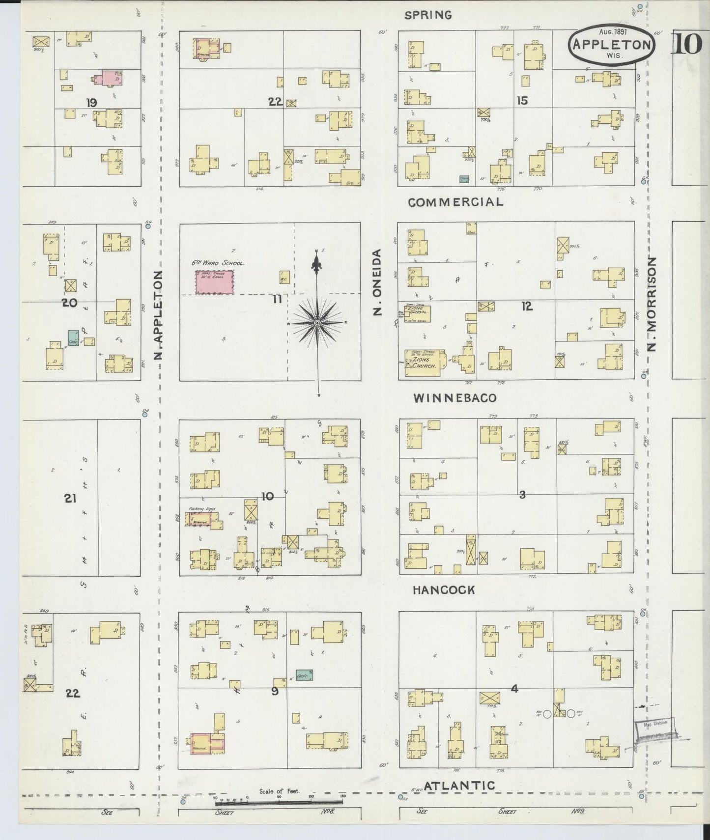 Sanborn Fire Insurance Map from Appleton, Outagamie County, Wisconsin (1891), Sheet #0010 - Historic Sanborn Fire Insurance Map Print, vintage old map wall art, antique decor, genealogy gift, Wisconsin Wisconsin map