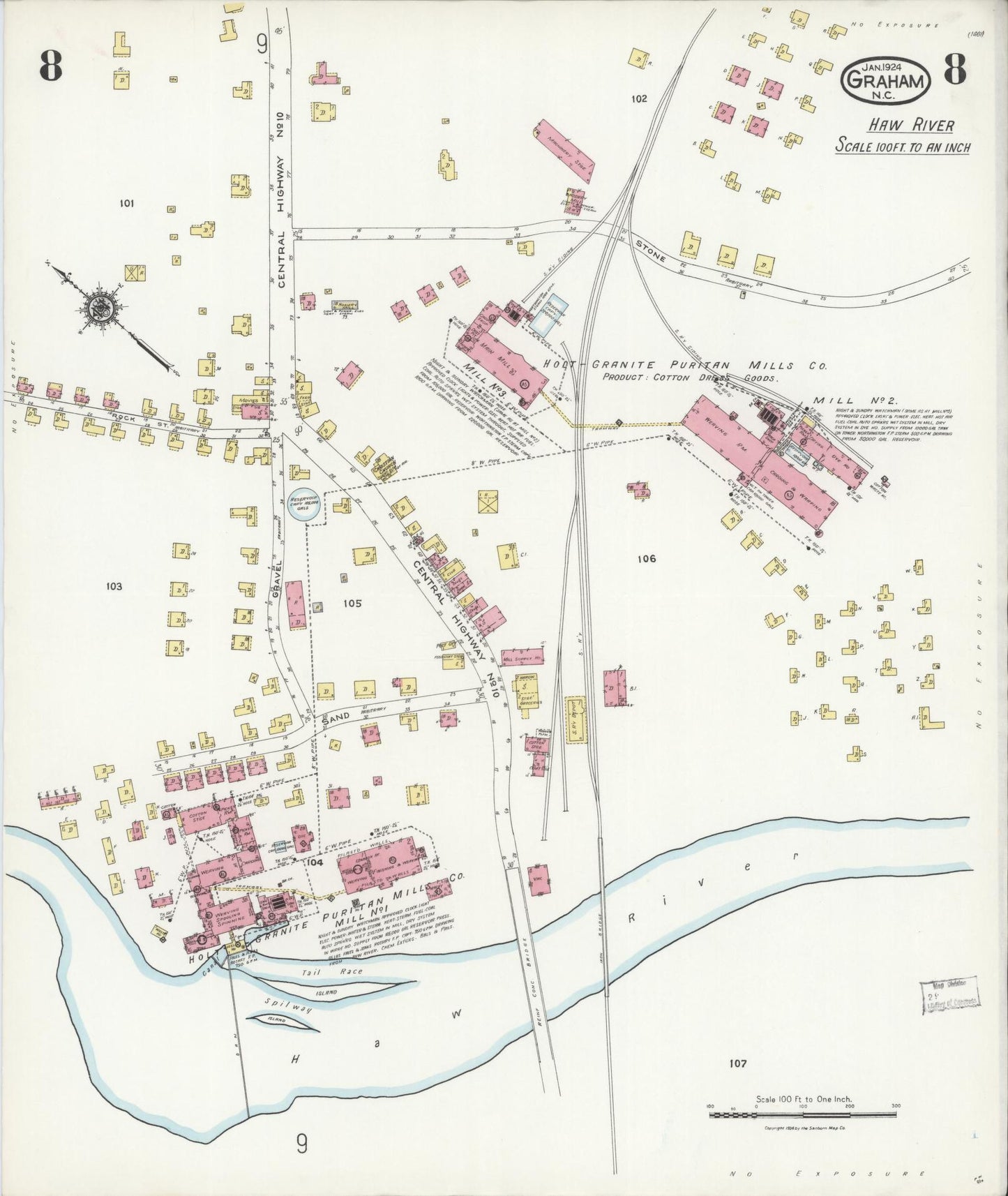 Sanborn Fire Insurance Map from Graham, Alamance County, North Carolina (1924), Sheet #0008 - Complete Map Set gallery image, historic Sanborn map, vintage wall art, North Carolina North Carolina
