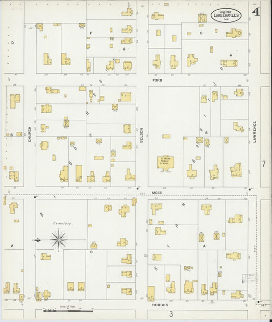 Sanborn Fire Insurance Map from Lake Charles, Calcasieu Parish, Louisiana (1903), Sheet #0004 - Historic Sanborn Fire Insurance Map Print, vintage old map wall art, antique decor, genealogy gift, Louisiana Louisiana map