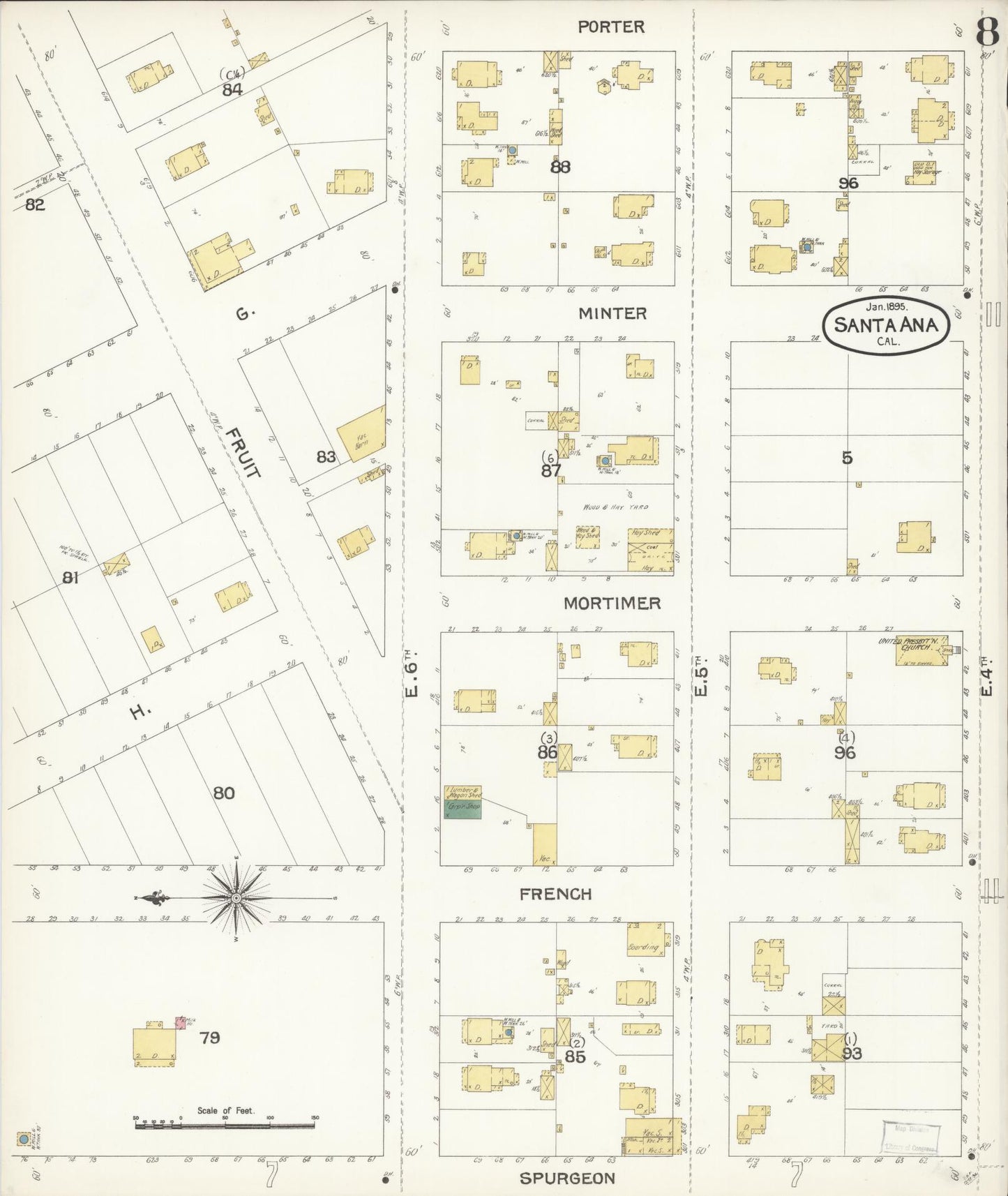 Sanborn Fire Insurance Map from Santa Ana, Orange County, California (1895), Sheet #0008 - Complete Map Set gallery image, historic Sanborn map, vintage wall art, California California