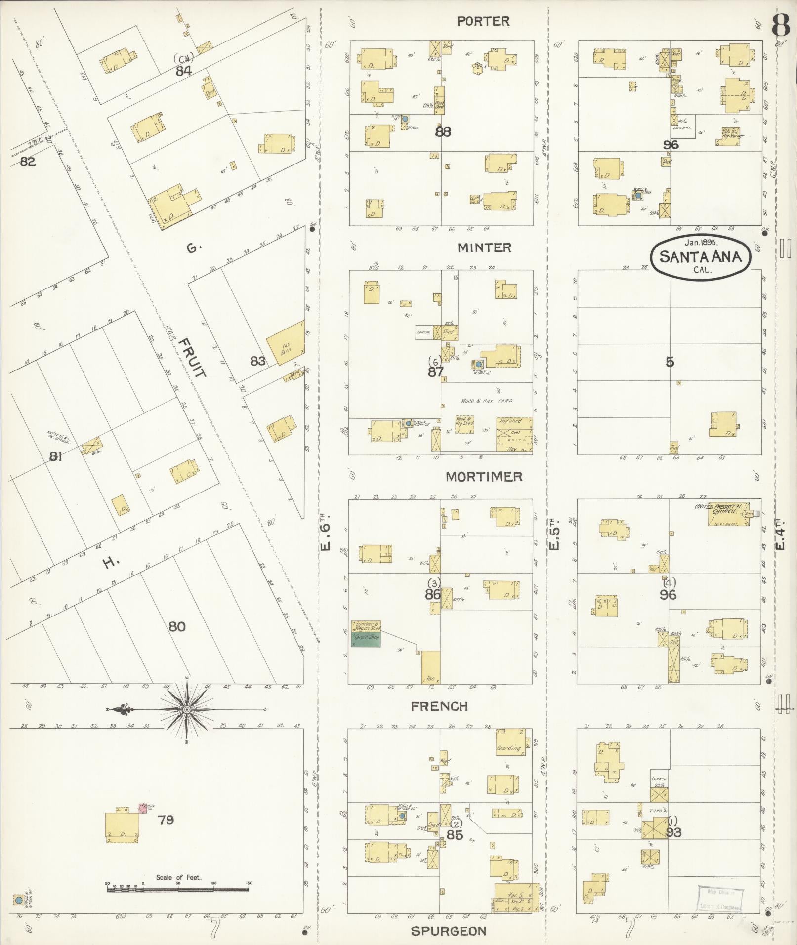 Sanborn Fire Insurance Map from Santa Ana, Orange County, California (1895), Sheet #0008 - Complete Map Set gallery image, historic Sanborn map, vintage wall art, California California