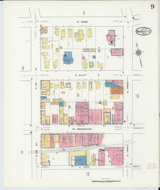 Sanborn Fire Insurance Map from Marquette, Marquette County, Michigan (1917), Sheet #0009 - Historic Sanborn Fire Insurance Map Print, vintage old map wall art, antique decor, genealogy gift, Michigan Michigan map