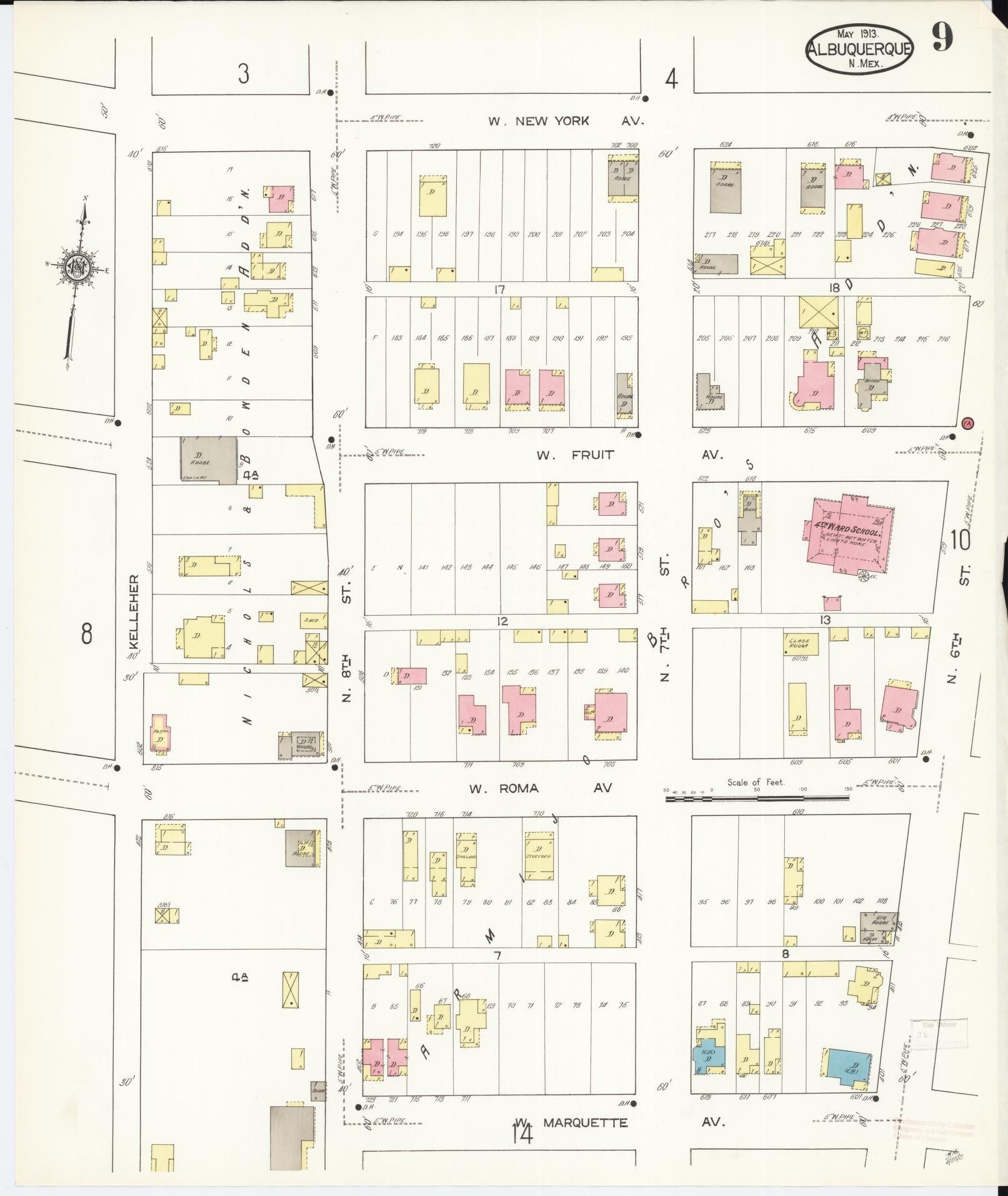 Sanborn Fire Insurance Map from Albuquerque, Bernalillo County, New Mexico (1913), Sheet #0009 - Complete Map Set gallery image, historic Sanborn map, vintage wall art, New Mexico New Mexico
